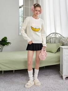 SHEIN EZwear 香蕉&字母圖案套頭毛衣 - 白色 - 查看 4