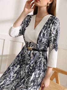 Al Najma Women's Printed V-neck Long Sleeve Dress - Black and White - View 4