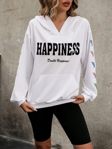 SHEIN LUNE Chữ & Bướm Đồ họa Túi kangaroo Thả vai Hoodie - trắng - Xem 5