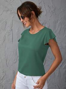 SHEIN Clasi Solid Flounce Sleeve Blouse - Green - View 3