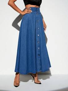 SHEIN BAE High Waist Button Front Denim Skirt - Blue - View 6