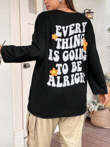 Flirla Hơn Đồ họa Khẩu hiệu Áo thun Thả vai - màu đen - Xem 5