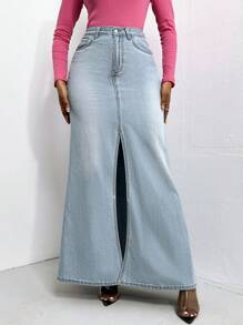 SHEIN SXY Tách đùi Nàng tiên cá Hem Váy Denim - Rửa nhẹ - Xem 5