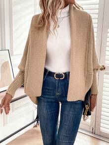 SHEIN LUNE Áo khoác cardigan thiết kế thường ngày tay cánh dơi - Màu Khaki - Xem 5