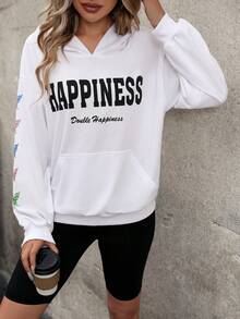 SHEIN LUNE Chữ & Bướm Đồ họa Túi kangaroo Thả vai Hoodie - trắng - Xem 4