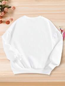 SHEIN Cô gái Tween Hình ảnh hoạt hình và chữ cái Lót nhiệt Áo nỉ - trắng - Xem 2