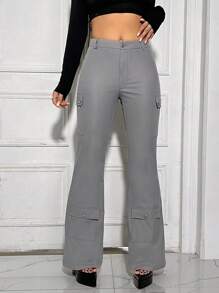SHEIN ICON Flap Pocket Side Flare Leg Pants - Grey - View 3