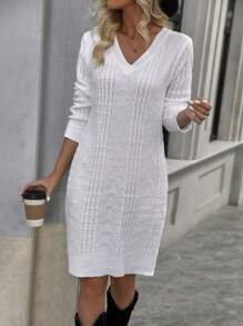 SHEIN Frenchy 麻花編織毛衣洋裝不附腰帶 - 白色 - 查看 1