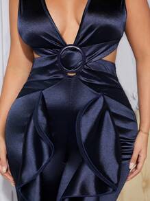 SHEIN SXY Plunging Neck Ruffle Trim Cut Out Satin Jumpsuit