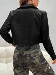 SHEIN EZwear Flap Pocket Crop Leather Look Jacket - Black - View 2