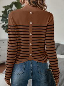 SHEIN Essnce Mẫu sọc Viền sò Nút Quay lại Áo len - Cà phê nâu - Xem 1