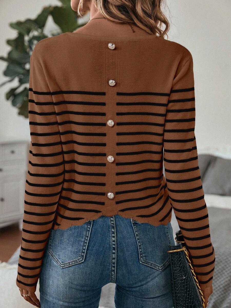 SHEIN Essnce Mẫu sọc Viền sò Nút Quay lại Áo len - Cà phê nâu - Xem 1