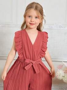 SHEIN Toddler Girls Ruffle Trim Pleated Belted Jumpsuit - Redwood - View 5