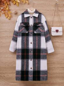 Tween Girl Plaid Print Drop Shoulder Flap Pocket Overcoat - Multicolor - View 3
