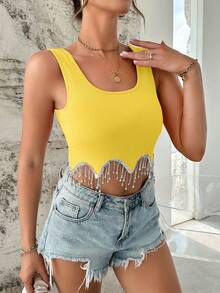 SHEIN Privé 水鑽流蘇下擺短款背心 - 芥末黃 - 查看 5