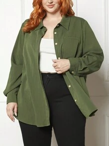 SHEIN CURVE+ Plus Solid Button Detail Shirt - Black and White - View 1