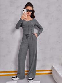 SHEIN Teen Girl Lettuce Trim Top & Wide Leg Pants Set - Dark Grey - View 1