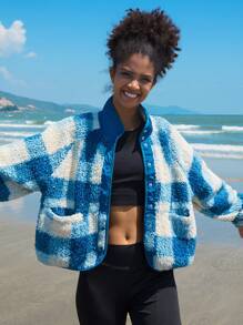 In My Nature 格紋印花插肩袖戶外搖粒絨夾克 - 藍色 - 查看 4