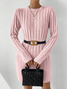 SHEIN Essnce 休閒羅紋針織純色女士毛衣連衣裙 - 粉色 - 查看 4