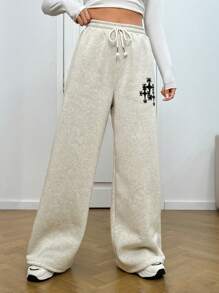 SHEIN EZwear Graphic Print Drawstring Waist Wide Leg Sweatpants - Grey - View 2
