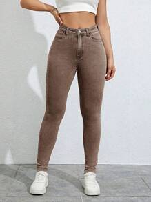 SHEIN Solid Skinny Jeans - Brown - View 4