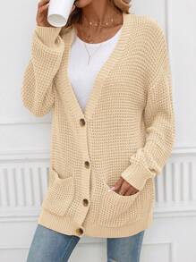 SHEIN Clasi Dual Pocket Drop Shoulder Cardigan - Apricot - View 4