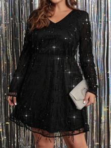 SHEIN Clasi 大碼亮片拼接A字洋裝 - 黑色 - 查看 5