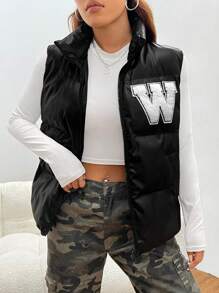 SHEIN EZwear Letter Patched Zip Up Vest Padded Coat - Black - View 3