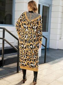 Calvaya Plus Leopard Pattern Drop Shoulder Open Front Hooded Longline Cardigan - Multicolor - View 2