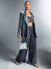 SHEIN BAE Quần ống rộng xếp ly màu trơn thanh lịch cho nữ, thích hợp khi đi làm - Màu xanh lam - Xem 3