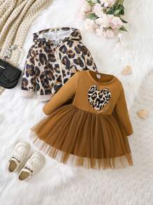 女嬰豹紋印花連帽夾克&網紗覆蓋洋裝 - 杏色 - 查看 1