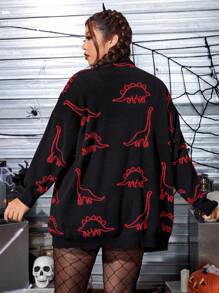 ROMWE PUNK Talla grande Cárdigan con patrón de dinosaurio de hombros caídos - Rojo - Ver 2