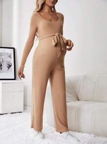 SHEIN Maternity Ribbed Knit Belted Jumpsuit - Khaki - View 1
