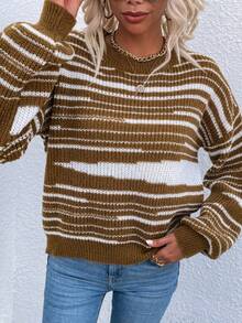 SHEIN LUNE 女士休閒條紋下垂肩毛衣 - 棕色 - 查看 5