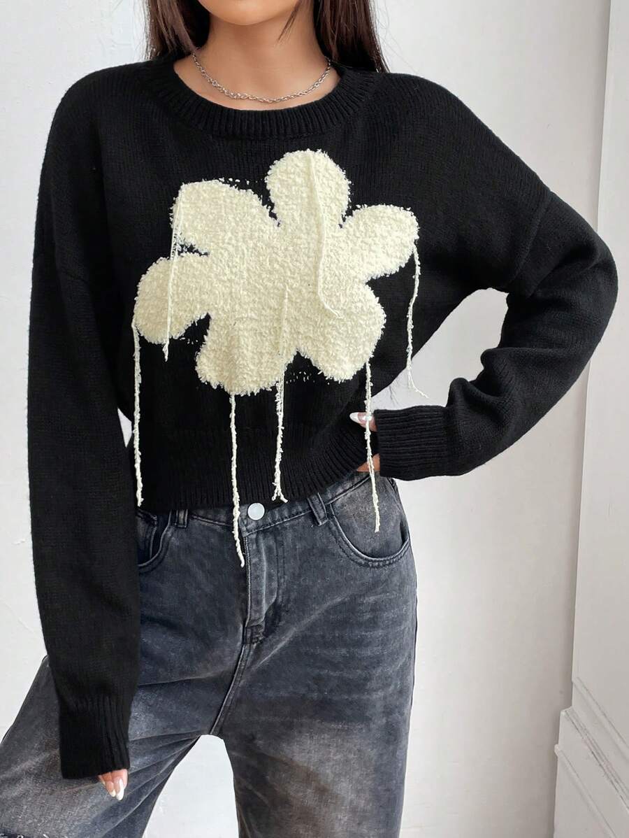 SHEIN Unity Floral Pattern Drop Shoulder Fringe Trim Knit Pullover Fall Winter Sweater - Black - View 1