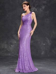 Asymmetrical Neck Split Thigh Sequin Prom Dress - Purple - View 6
