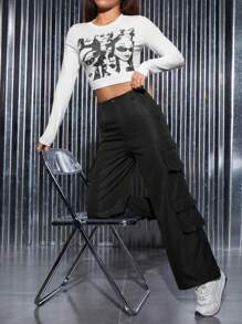 SHEIN PETITE Figure Graphic Crop Tee & Flap Pocket Side Cargo Pants - Black - View 1