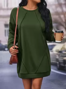 SHEIN LUNE Plus Solid Drop Shoulder Sweatshirt Dress - Army Green - View 1