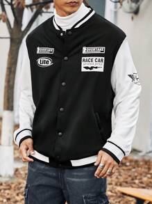 Manfinity Homme Men Plus Letter Graphic Striped Trim Varsity Jacket Without Tee - Black and White - View 3