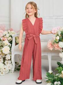 SHEIN Toddler Girls Ruffle Trim Pleated Belted Jumpsuit - Redwood - View 1