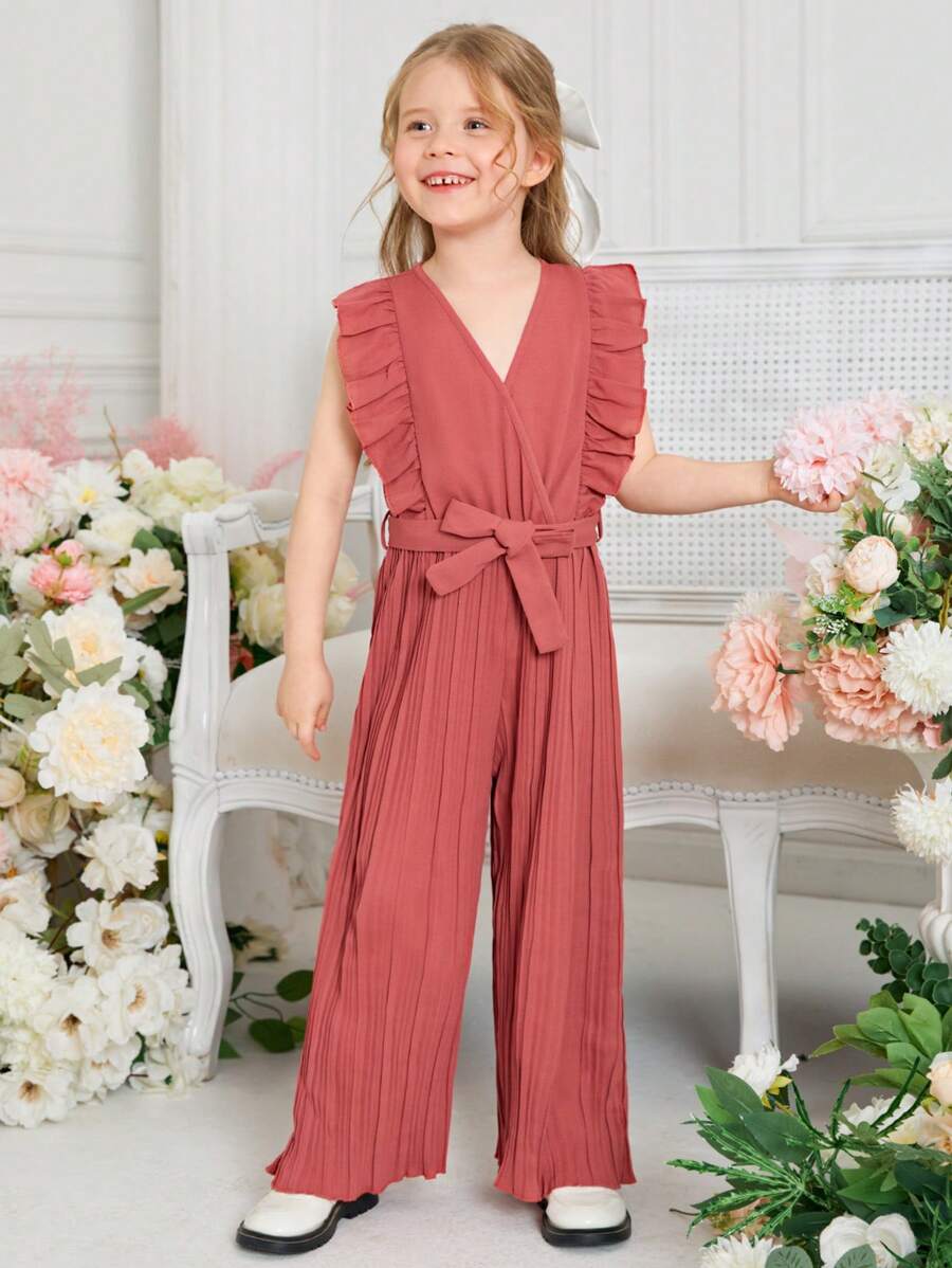 SHEIN Toddler Girls Ruffle Trim Pleated Belted Jumpsuit - Redwood - View 1