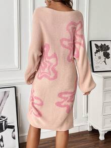 SHEIN LUNE Mô hình hoa tay cánh Đầm Áo len Không có thắt lưng - Hồng - Xem 2