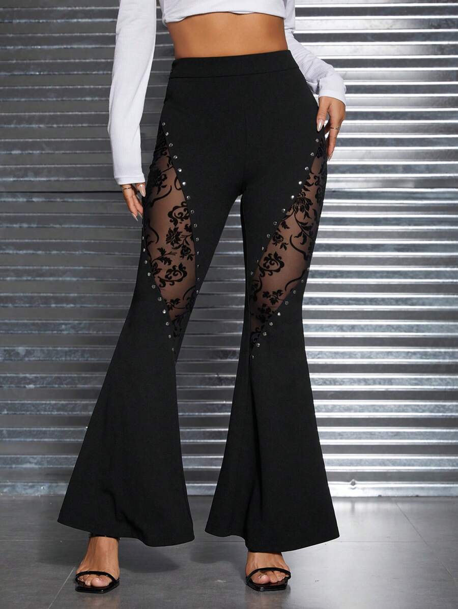 SHEIN PETITE Lưới tương phản Chi tiết đáng kinh ngạc Quần ống loe - màu đen - Xem 1