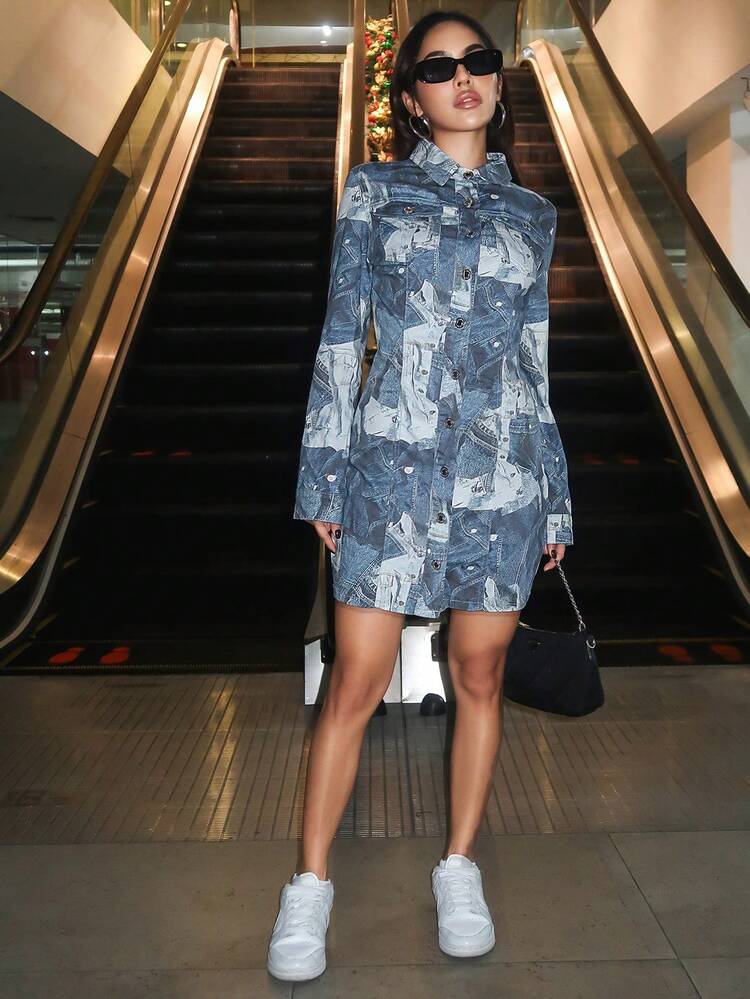 Allover Print Button Front Denim Shirt Dress