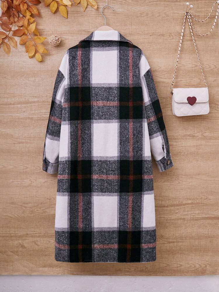 Tween Girl Plaid Print Drop Shoulder Flap Pocket Overcoat