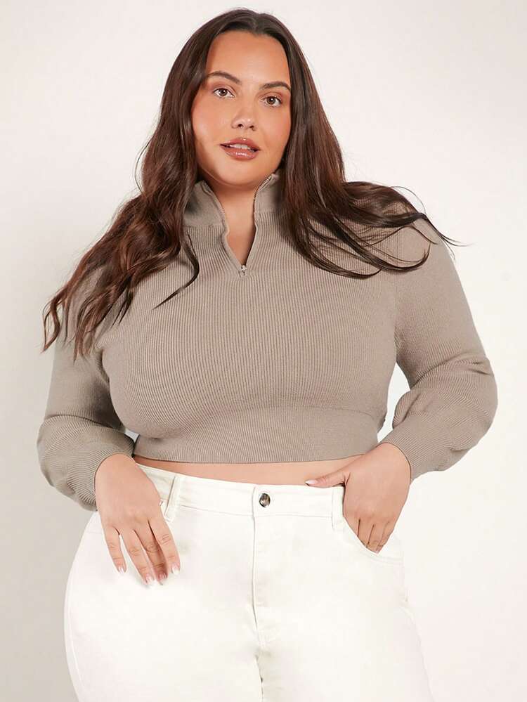Plus Zip Front Crop Sweater