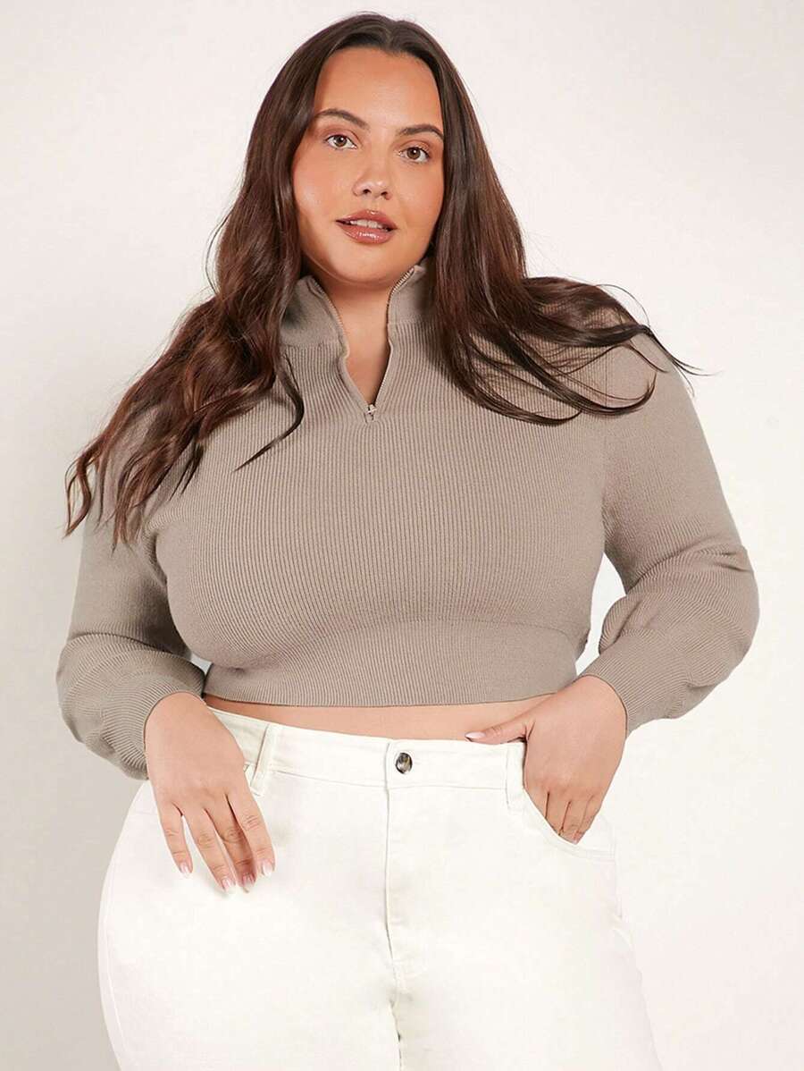 SHEIN BASICS 大碼前拉鏈短款毛衣 - 卡其色 - 查看 1