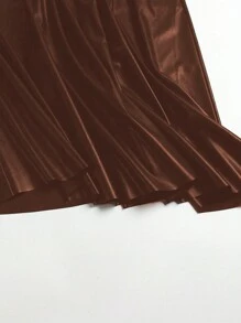 SHEIN Clasi 大碼素色彈性腰帶PU皮革半身裙 - 棕色 - 查看 3