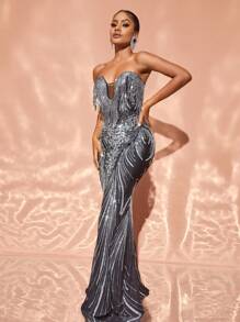 Faeriesty Váy dự tiệc tua rua hoa đính sequin - màu đen - Xem 4