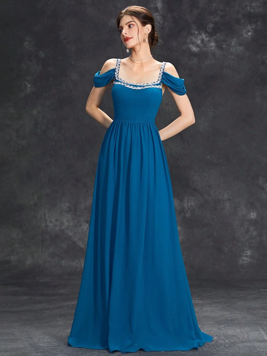 Vestido Largo De Gasa Con Cinta Decorativa De Lentejuelas De Doble Lado En El Escote Y Brazos Con Mangas Con Plisado Y Cinturilla De A-line - Agua verde azul - Ver 1
